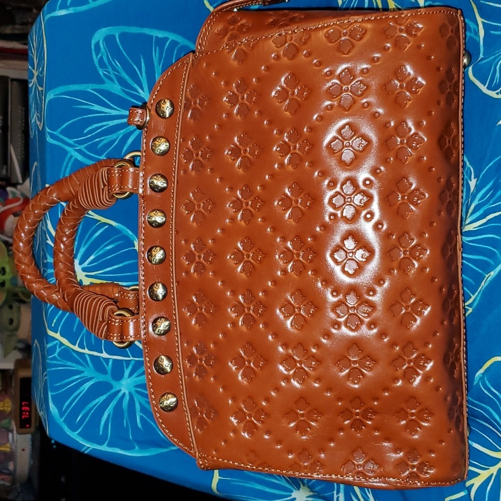 Patricia Nash Discovery Embossed Floral Leather Satchel in Cognac Brown
